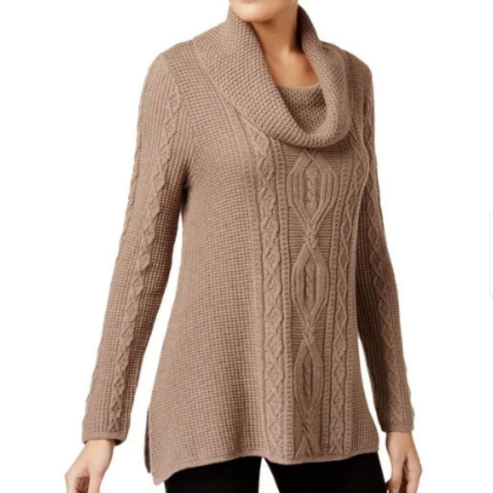 Jeanne Pierre Long Sleeve Cowl Neck Cable Knit Sweater Brown Small